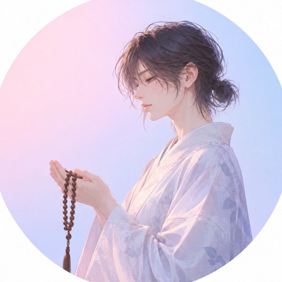 道明寺のアイコン。淡い桃色と青のグラデーションを背景に、数珠を持つ和装の人物のイラスト